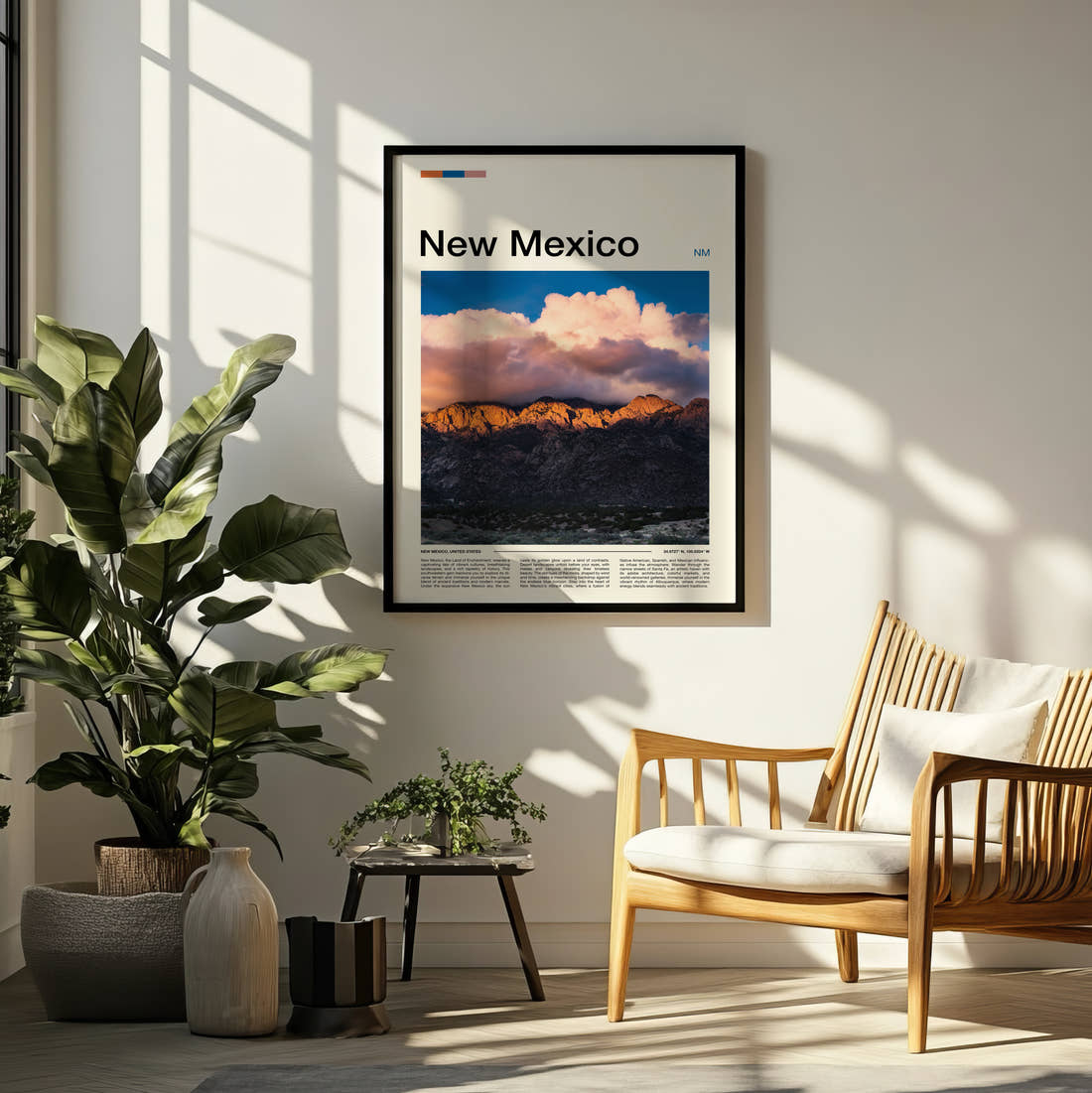 New Mexico Mountain Ridge At Dusk Travel Print framed on a pale wall beside houseplants