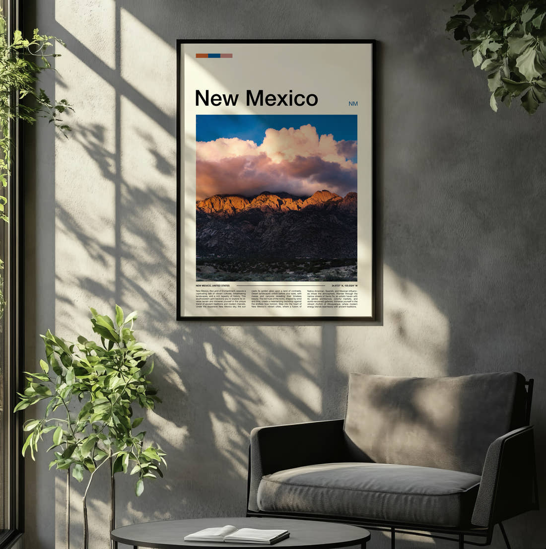 New Mexico Mountain Ridge At Dusk Travel Print framed on the wall of a relaxed living room