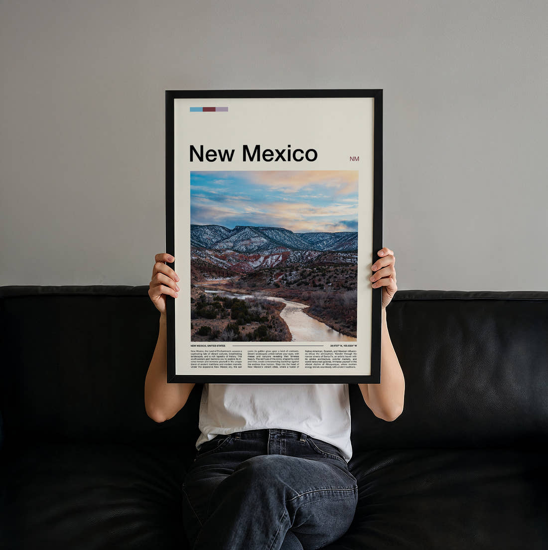 New Mexico River Through Snowy Hills Travel Print held up by hand to show the size of the print