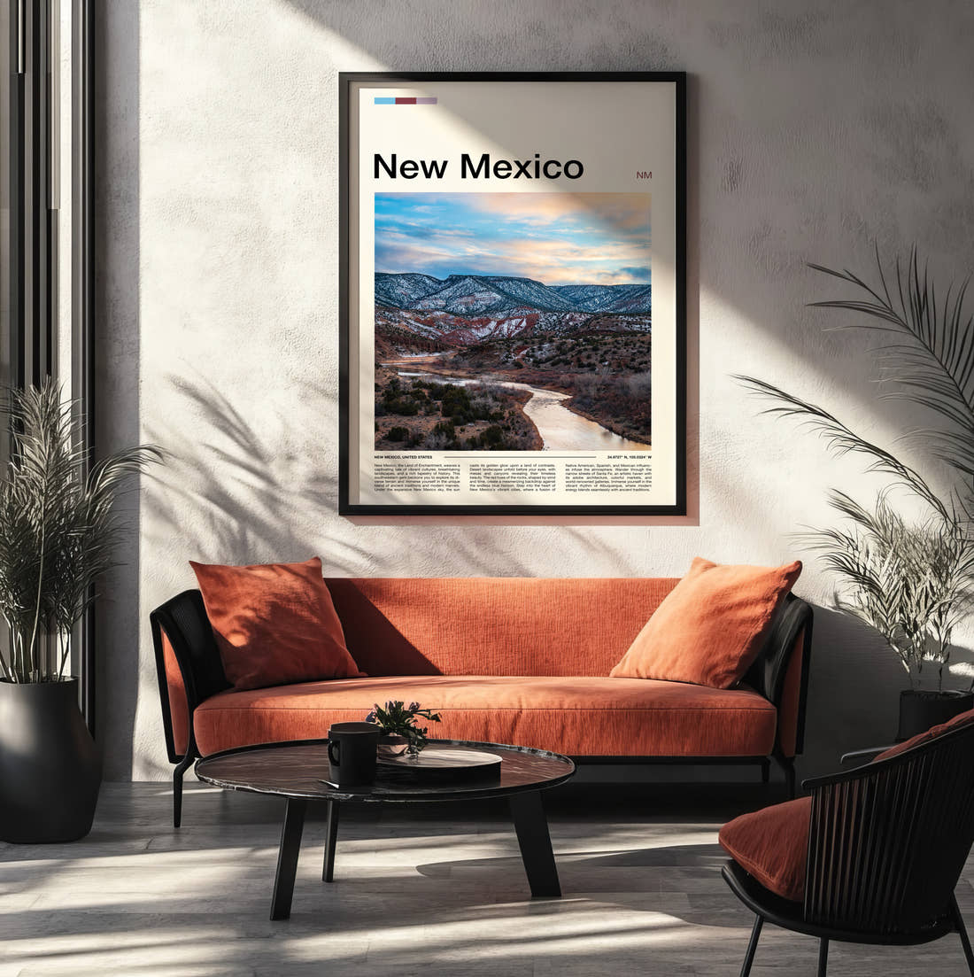 New Mexico River Through Snowy Hills Travel Print framed on the wall of a modern living room