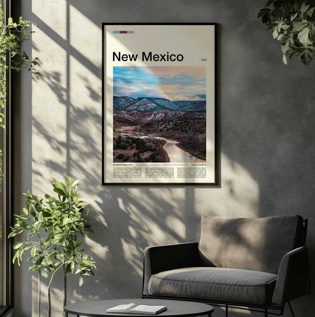 New Mexico River Through Snowy Hills Travel Print framed on the wall of a relaxed living room