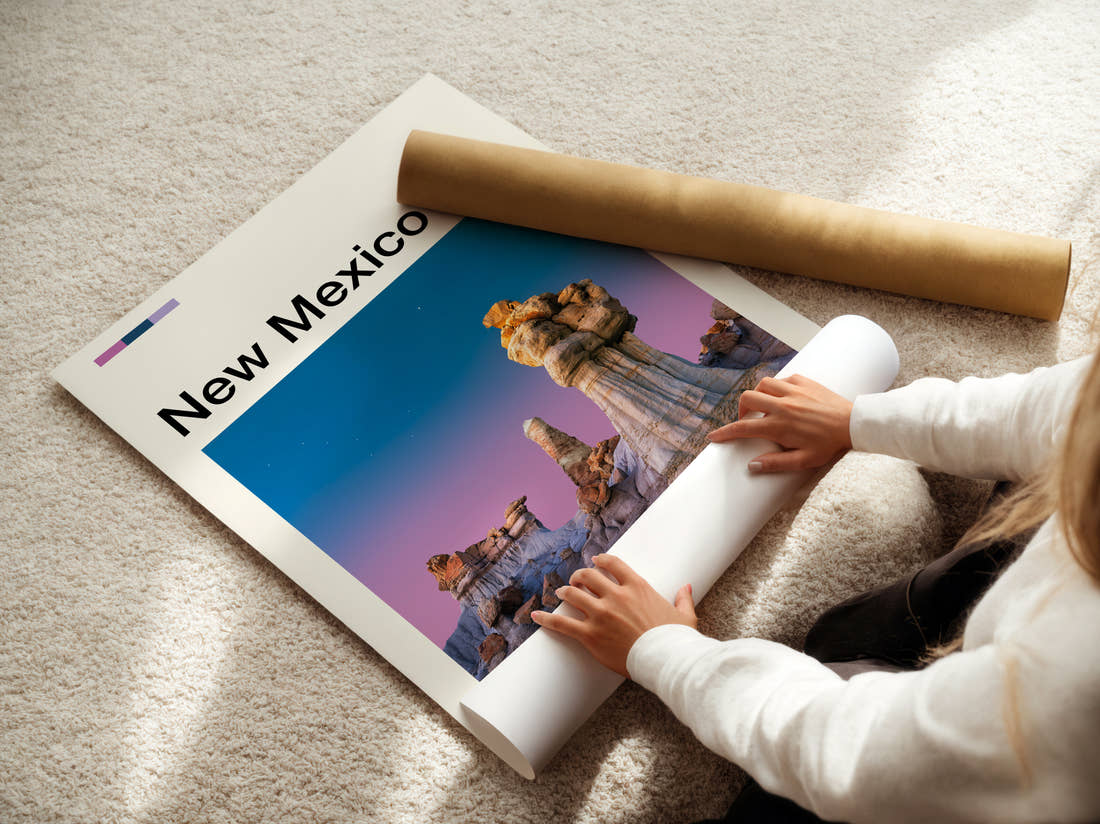 New Mexico Hoodoo Rock Formations Travel Print being unrolled from its postal tube