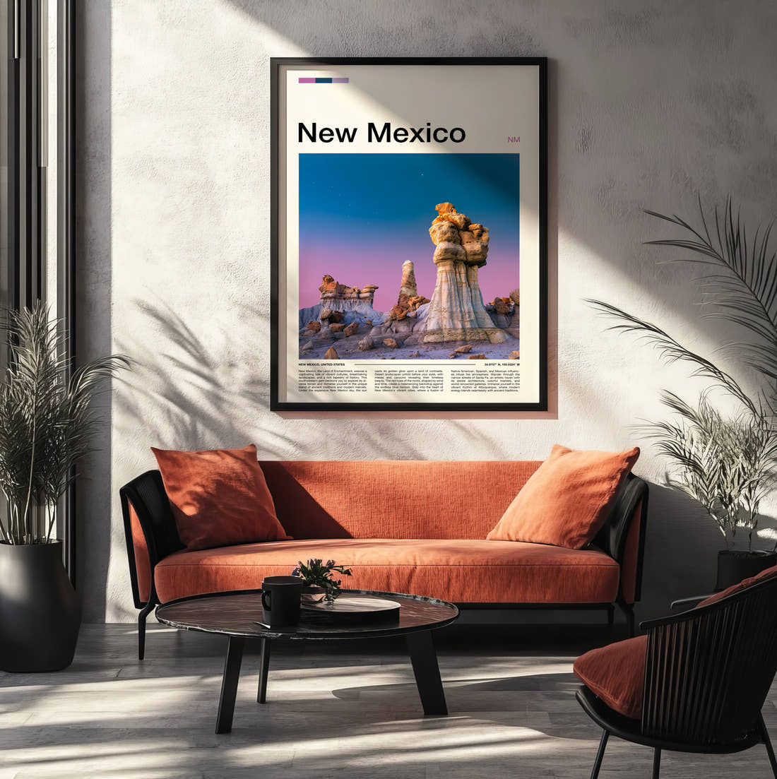 New Mexico Hoodoo Rock Formations Travel Print framed on the wall of a modern living room