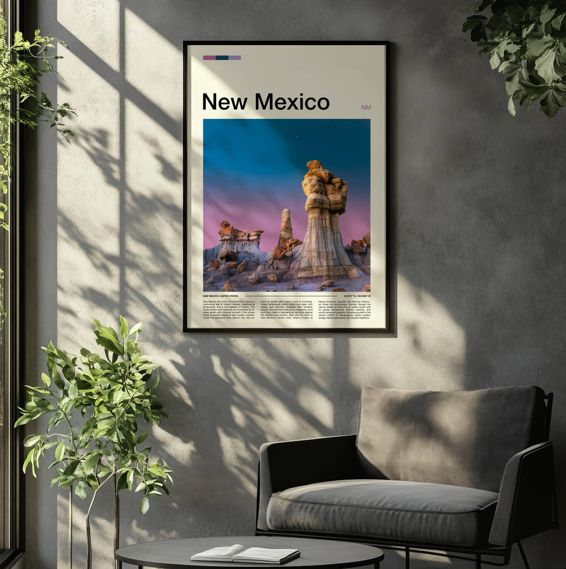 New Mexico Hoodoo Rock Formations Travel Print framed on the wall of a relaxed living room