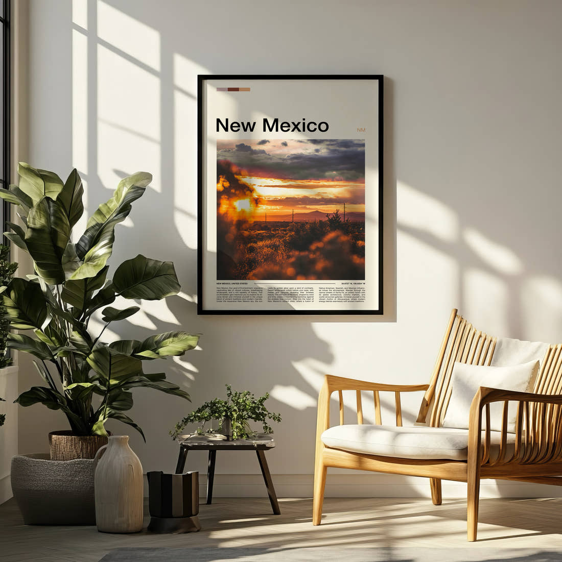 New Mexico Desert Sunset Travel Print framed on a pale wall beside houseplants