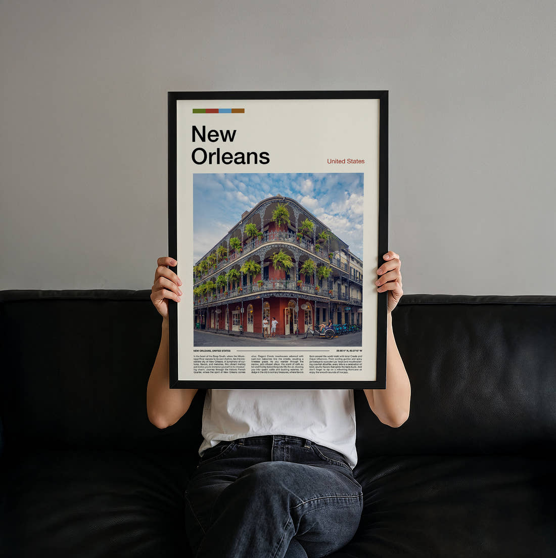 New Orleans Wrought Iron Balconies Travel Print held up by hand to show the size of the print