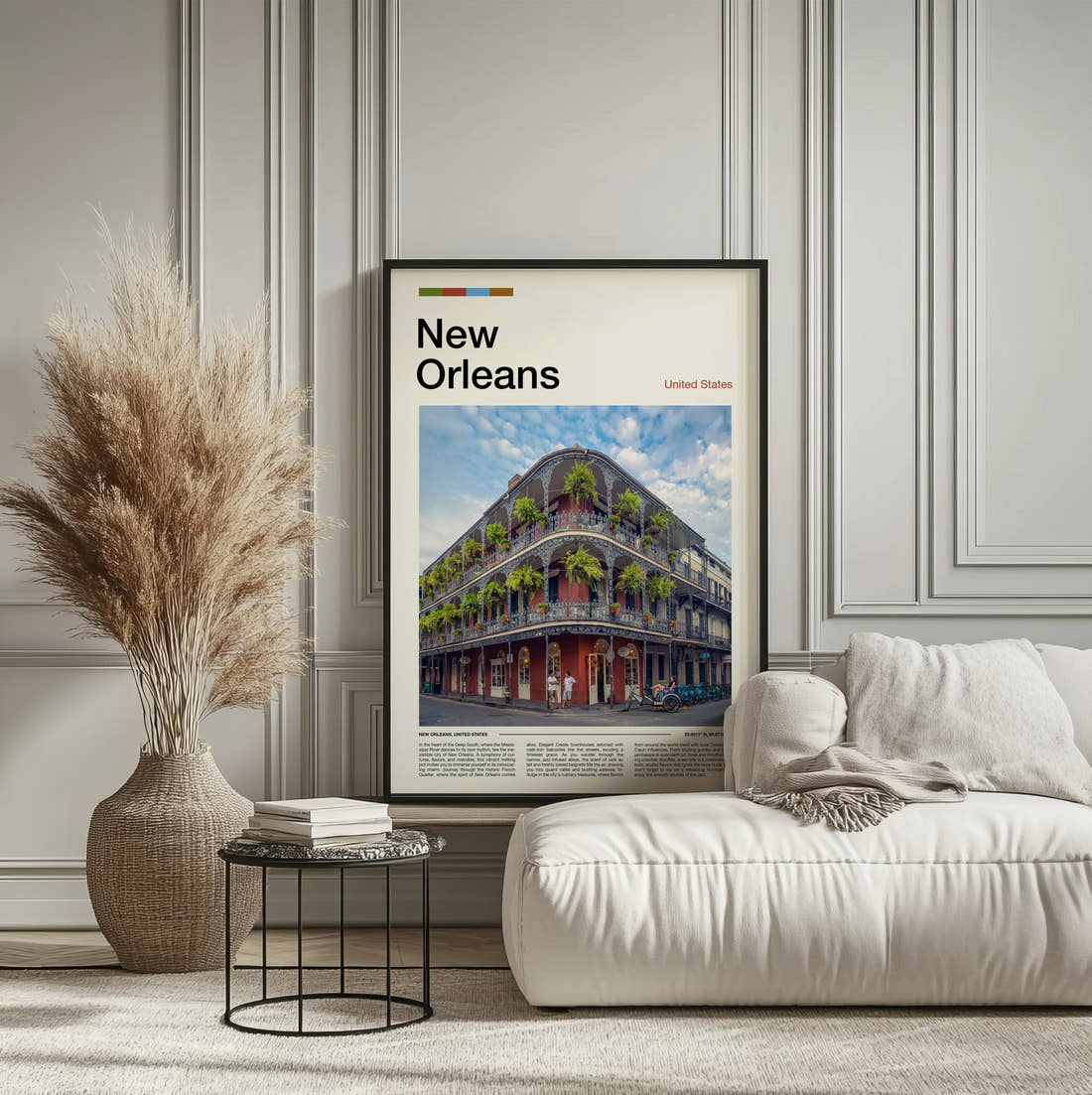 New Orleans Wrought Iron Balconies Travel Print framed on the wall of a calm, neutral bedroom