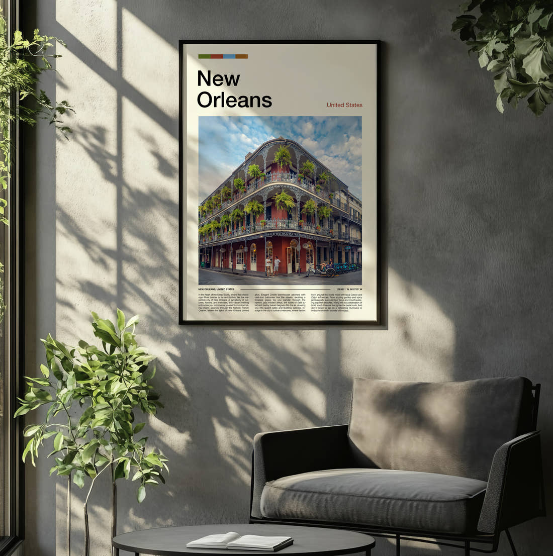 New Orleans Wrought Iron Balconies Travel Print framed on the wall of a relaxed living room