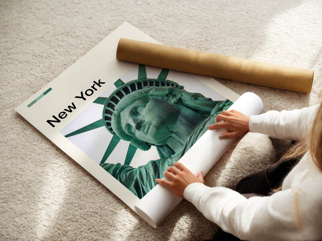 New York Statue Of Liberty Close Up Travel Print being unrolled from its postal tube