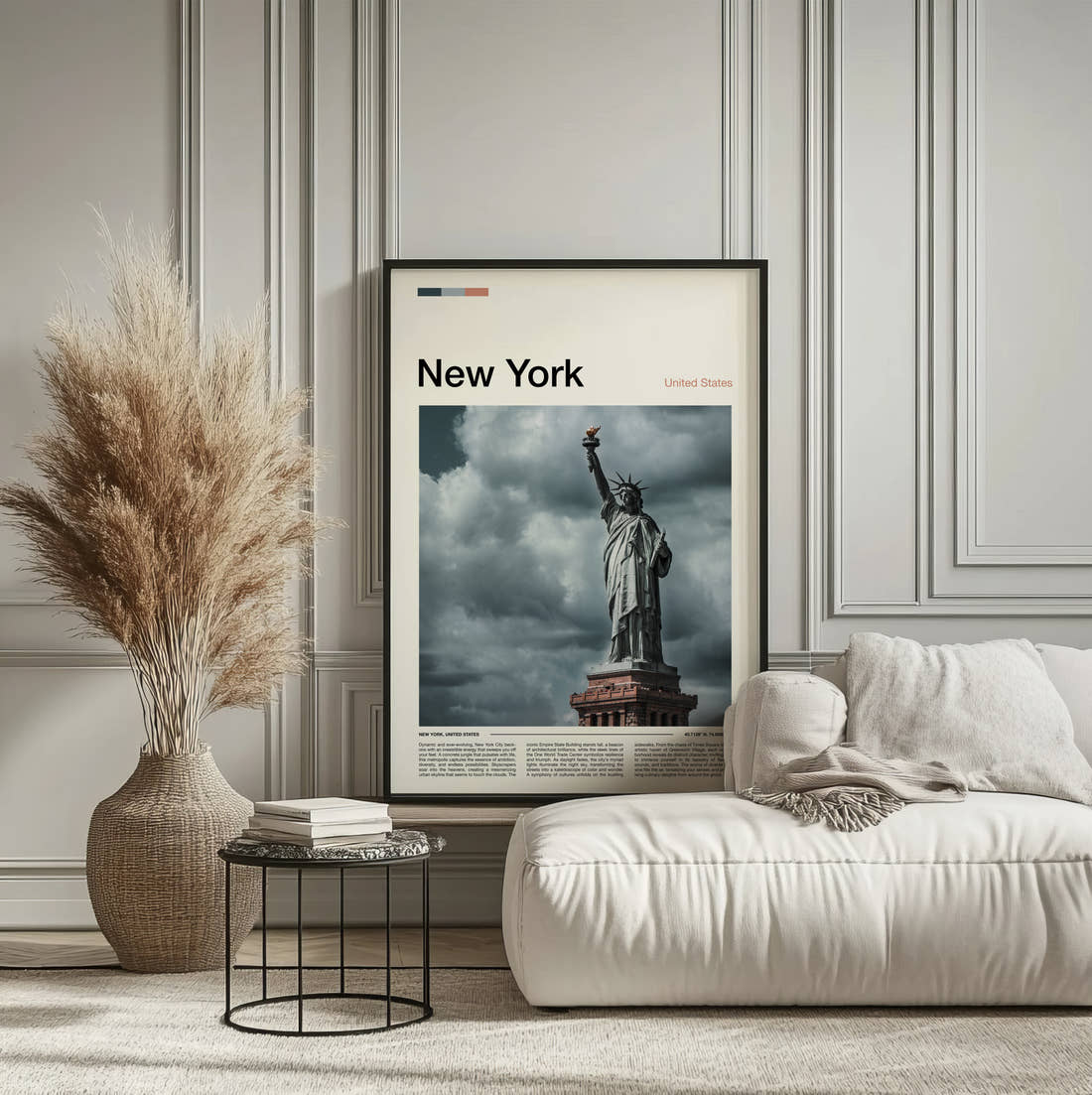 New York Statue Of Liberty Against Storm Clouds Travel Print framed on the wall of a calm, neutral bedroom