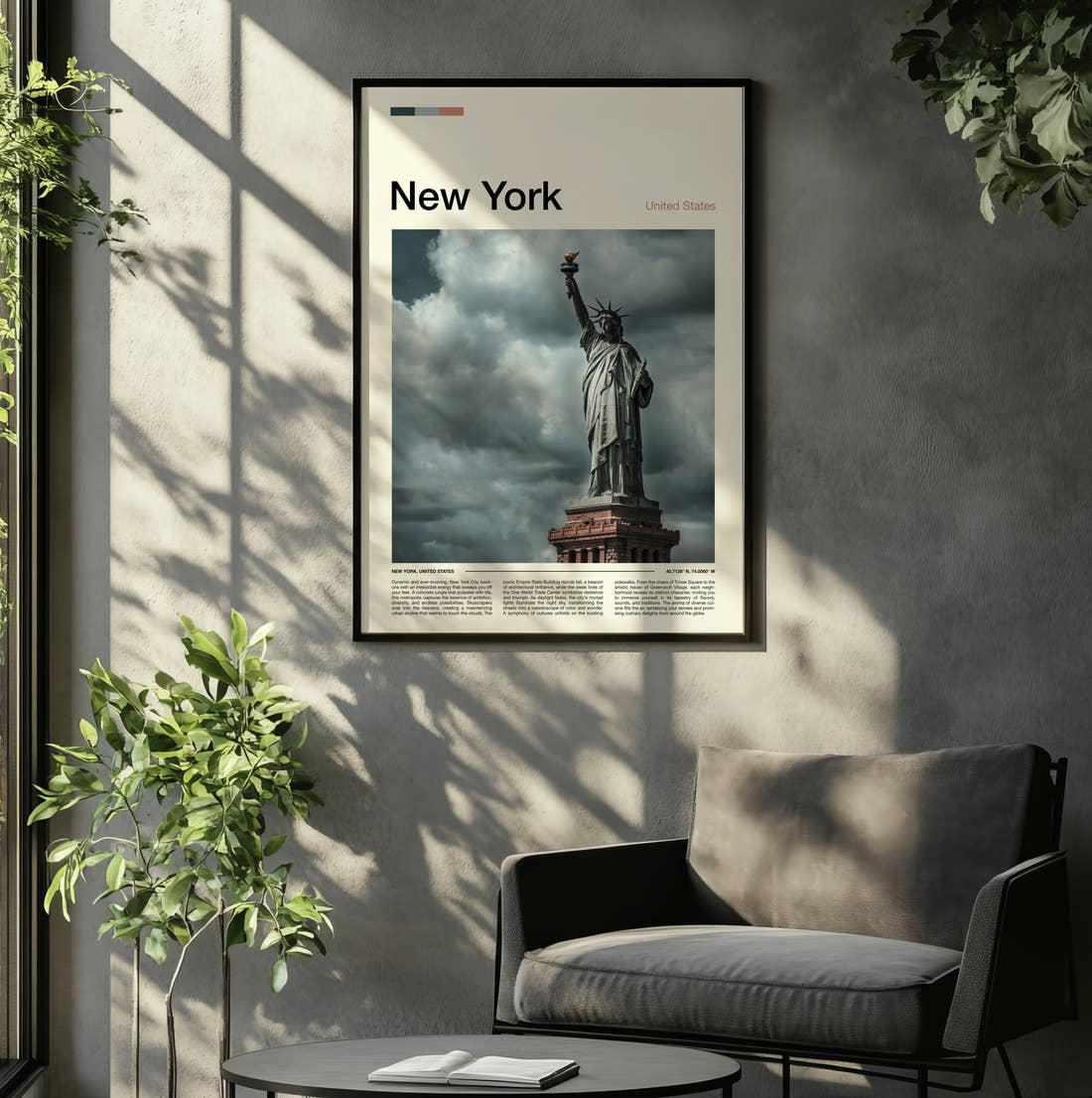 New York Statue Of Liberty Against Storm Clouds Travel Print framed on the wall of a relaxed living room