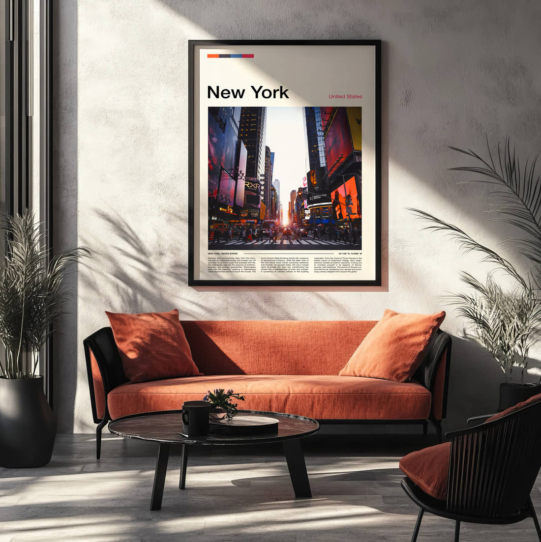 New York Times Square At Sunset Travel Print framed on the wall of a modern living room