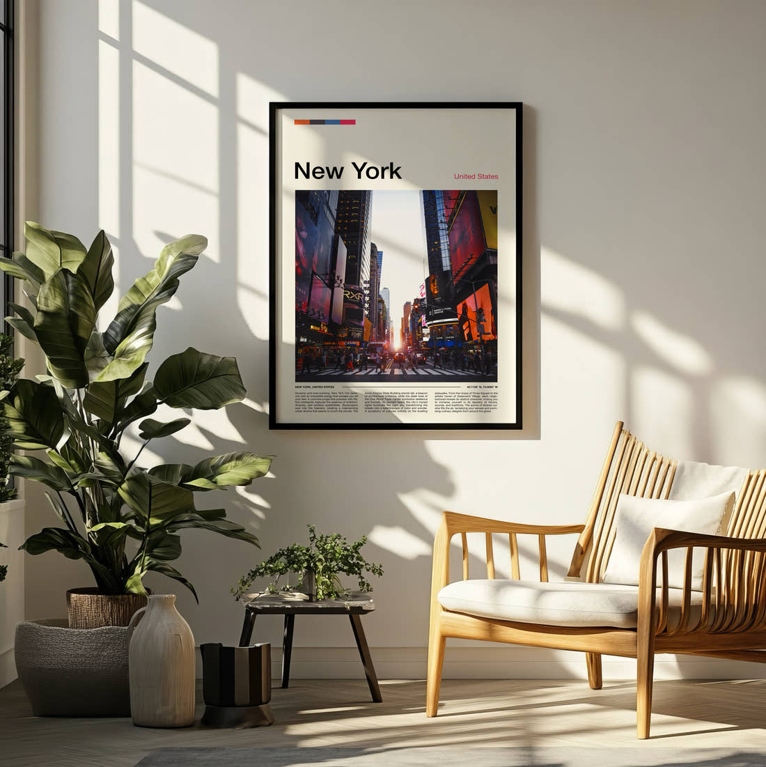 New York Times Square At Sunset Travel Print framed on a pale wall beside houseplants