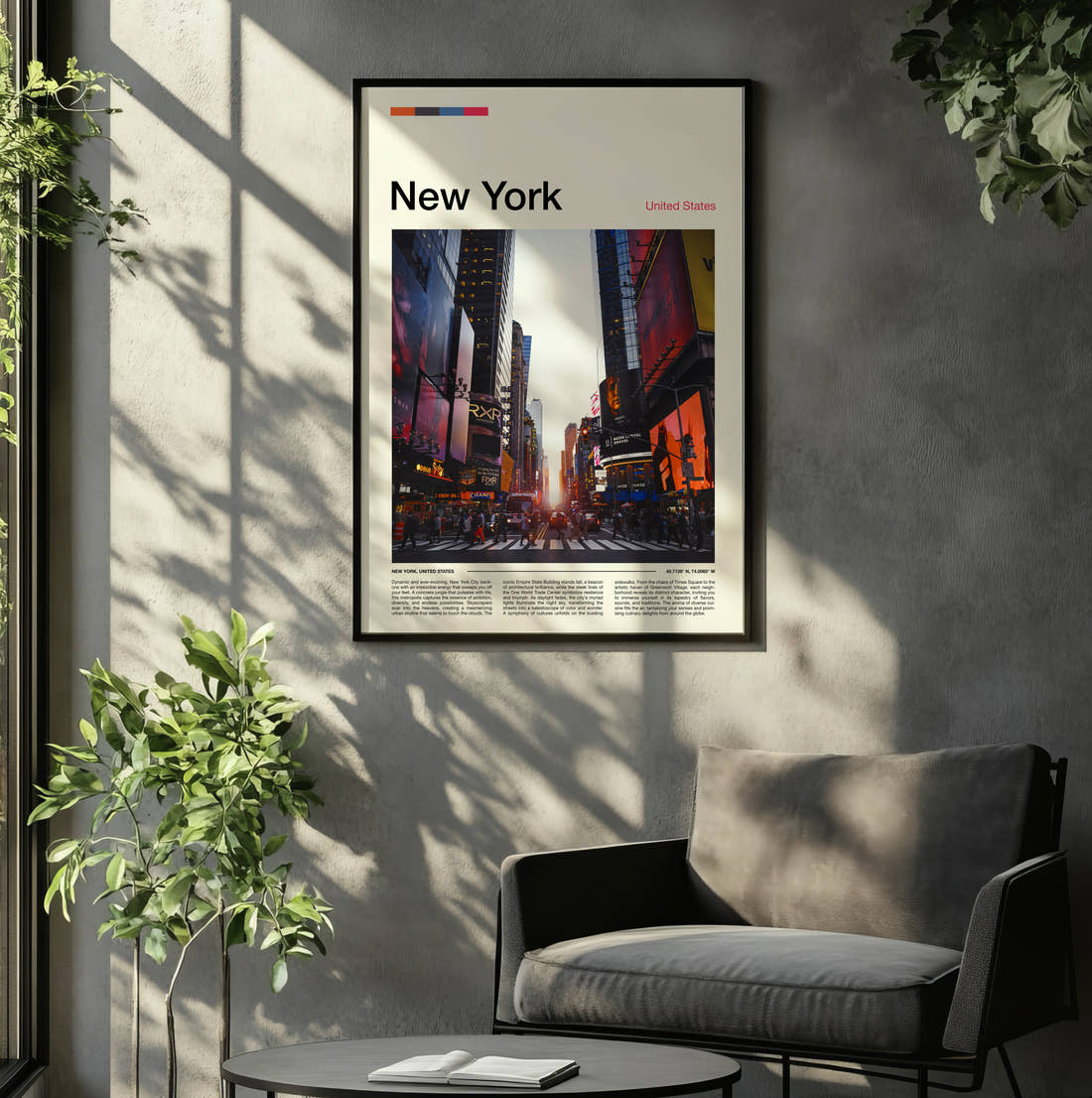 New York Times Square At Sunset Travel Print framed on the wall of a relaxed living room