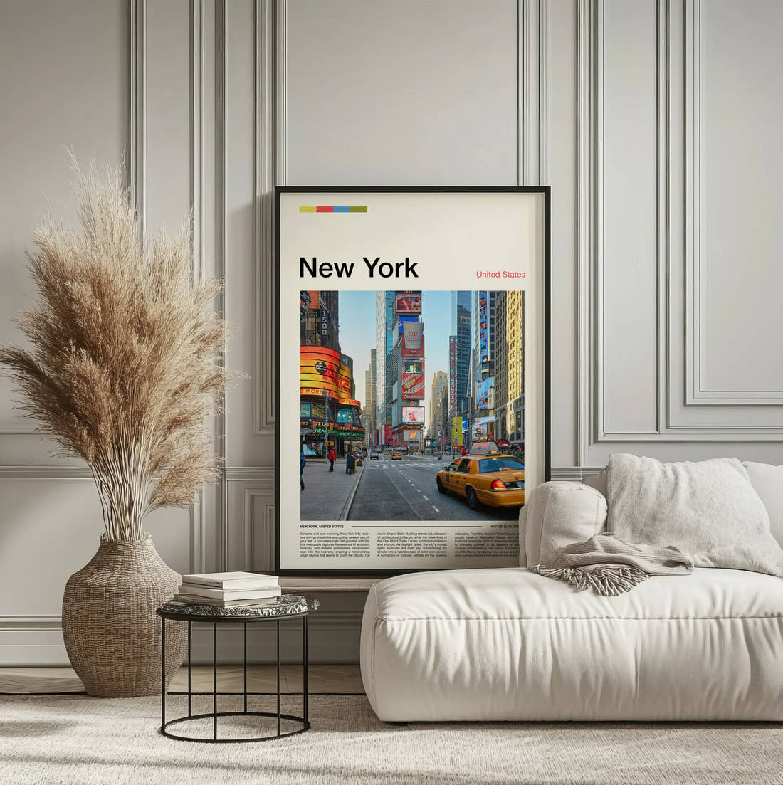 New York Times Square Travel Print framed on the wall of a calm, neutral bedroom