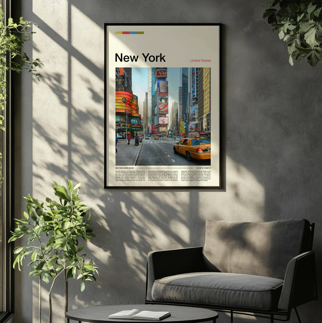 New York Times Square Travel Print framed on the wall of a relaxed living room