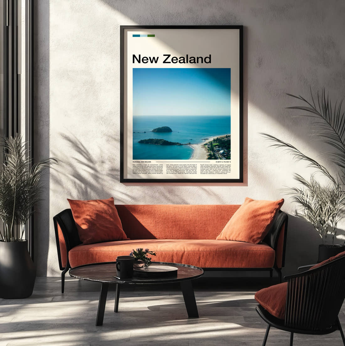 New Zealand Islands Off The Coast Travel Print framed on the wall of a modern living room