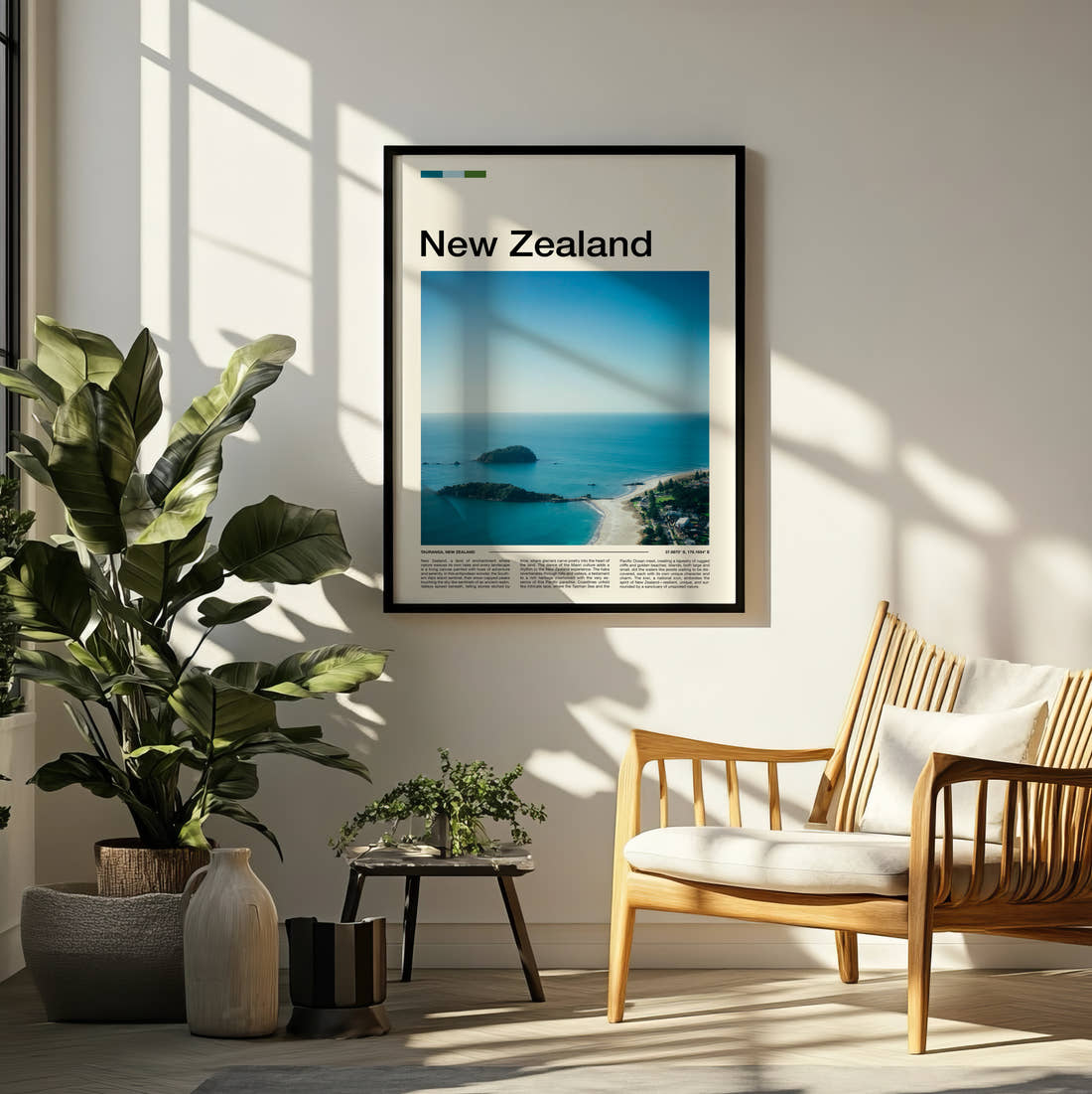 New Zealand Islands Off The Coast Travel Print framed on a pale wall beside houseplants
