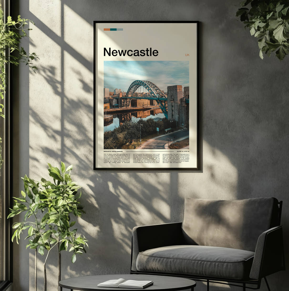Newcastle Tyne Bridge Travel Print framed on the wall of a relaxed living room