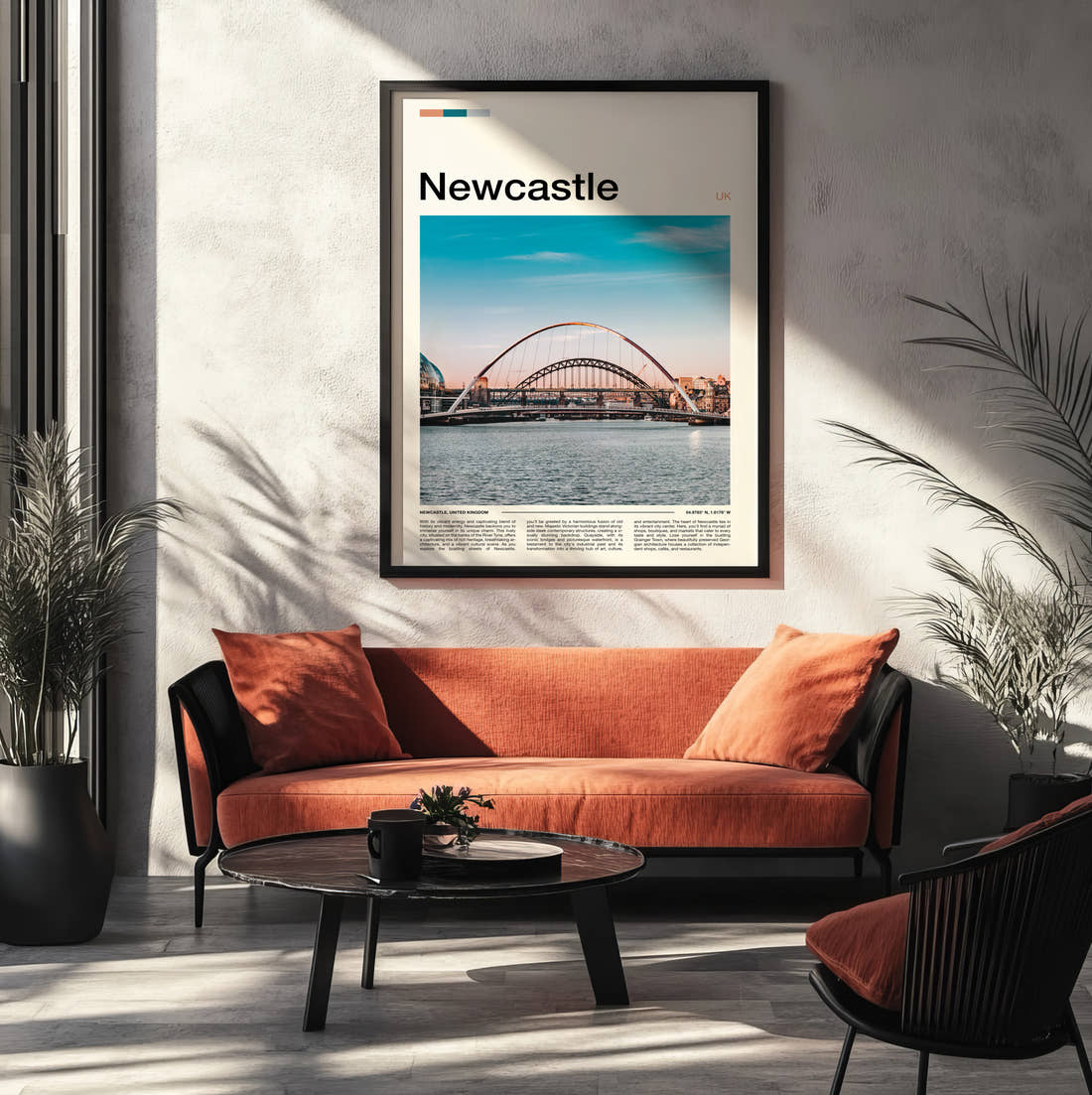 Newcastle Gateshead Millennium Bridge Travel Print framed on the wall of a modern living room