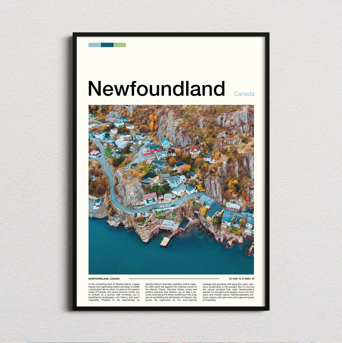 Newfoundland Colourful Coastal Village Travel Print framed and photographed straight on
