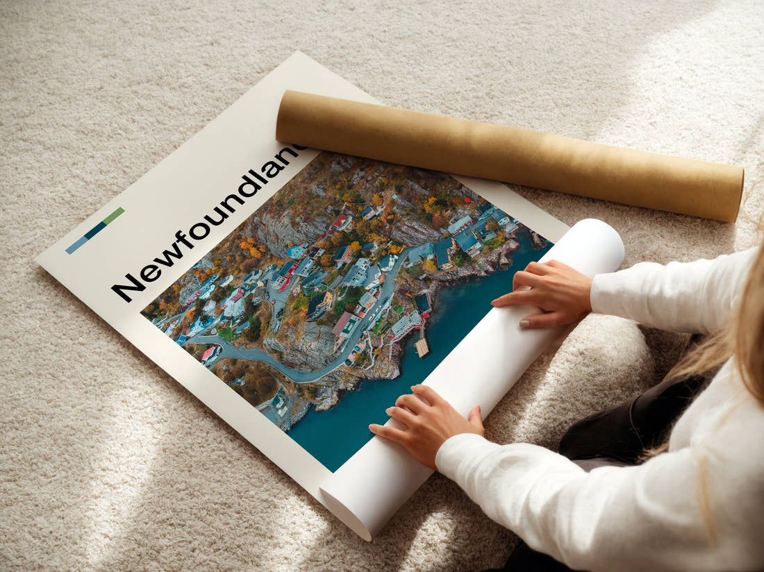 Newfoundland Colourful Coastal Village Travel Print being unrolled from its postal tube