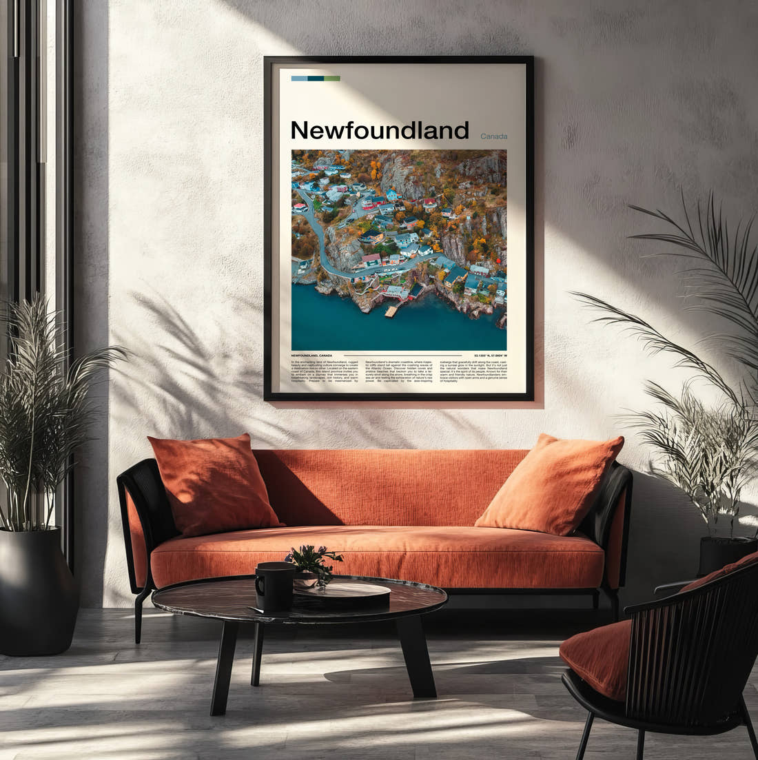 Newfoundland Colourful Coastal Village Travel Print framed on the wall of a modern living room