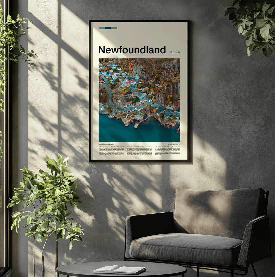 Newfoundland Colourful Coastal Village Travel Print framed on the wall of a relaxed living room
