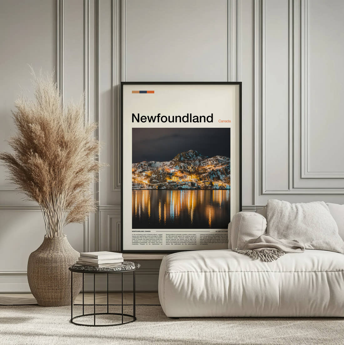 Newfoundland Harbour Town At Night Travel Print framed on the wall of a calm, neutral bedroom