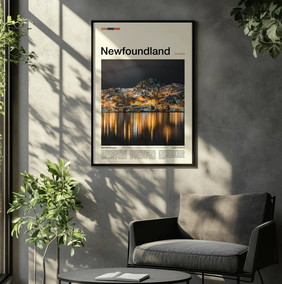 Newfoundland Harbour Town At Night Travel Print framed on the wall of a relaxed living room
