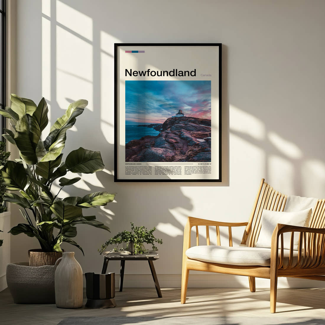 Newfoundland Lighthouse On Rocky Headland Travel Print framed on a pale wall beside houseplants