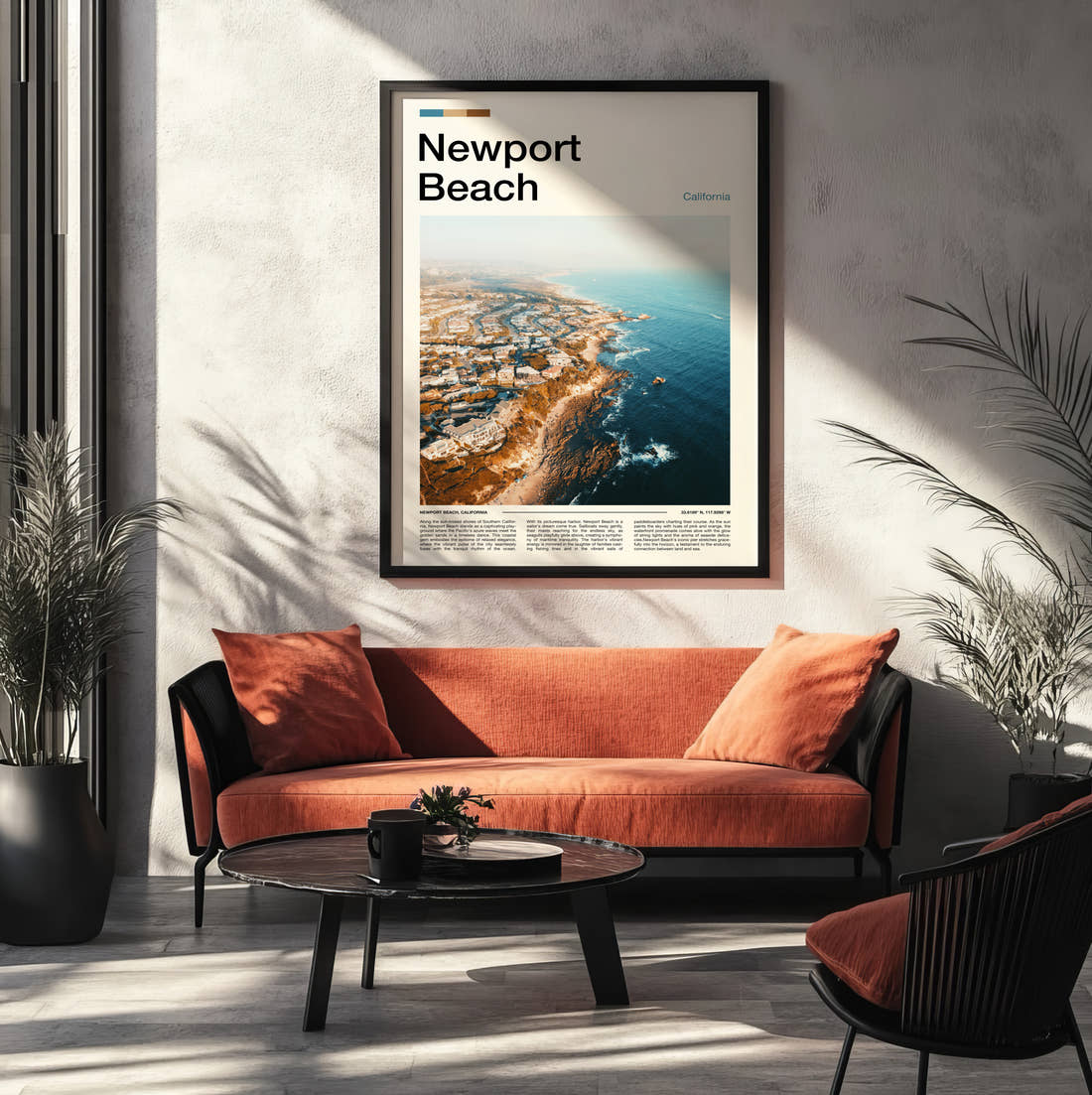 Newport Beach Rocky Coastline Aerial Travel Print framed on the wall of a modern living room