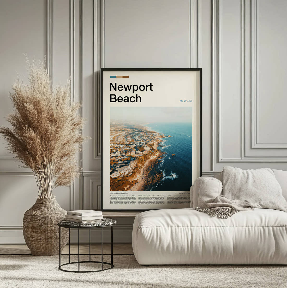Newport Beach Rocky Coastline Aerial Travel Print framed on the wall of a calm, neutral bedroom