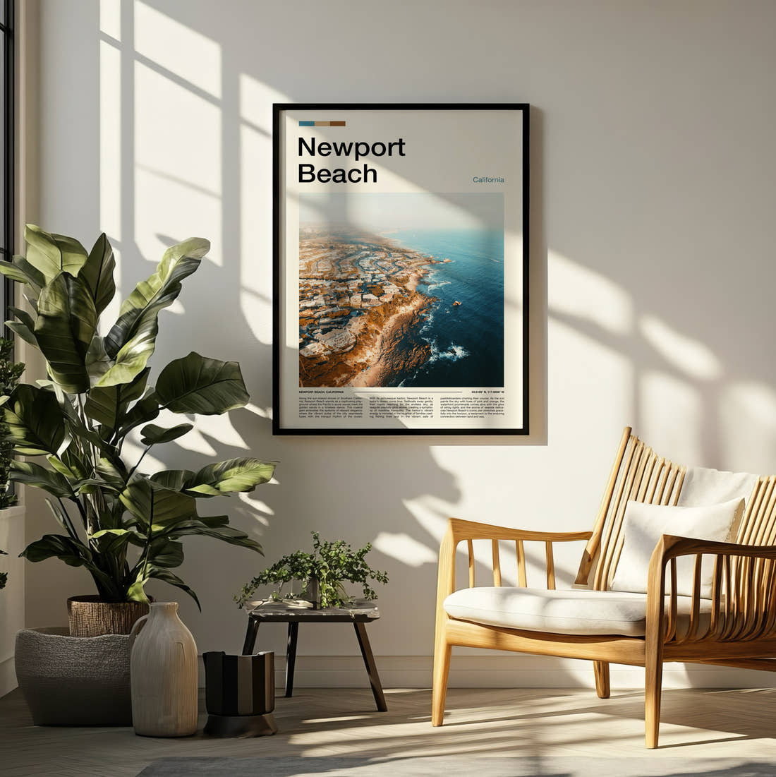 Newport Beach Rocky Coastline Aerial Travel Print framed on a pale wall beside houseplants