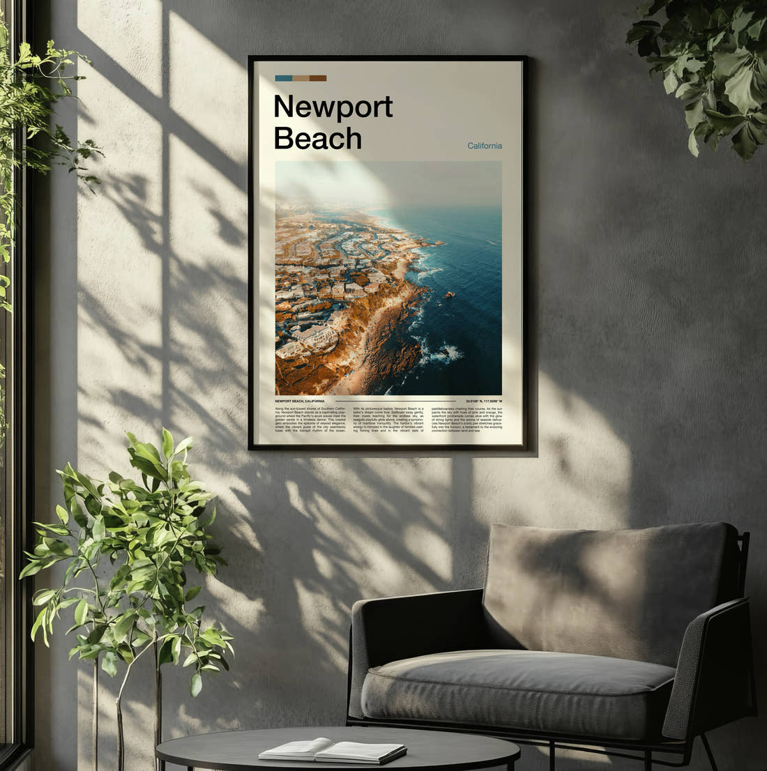 Newport Beach Rocky Coastline Aerial Travel Print framed on the wall of a relaxed living room