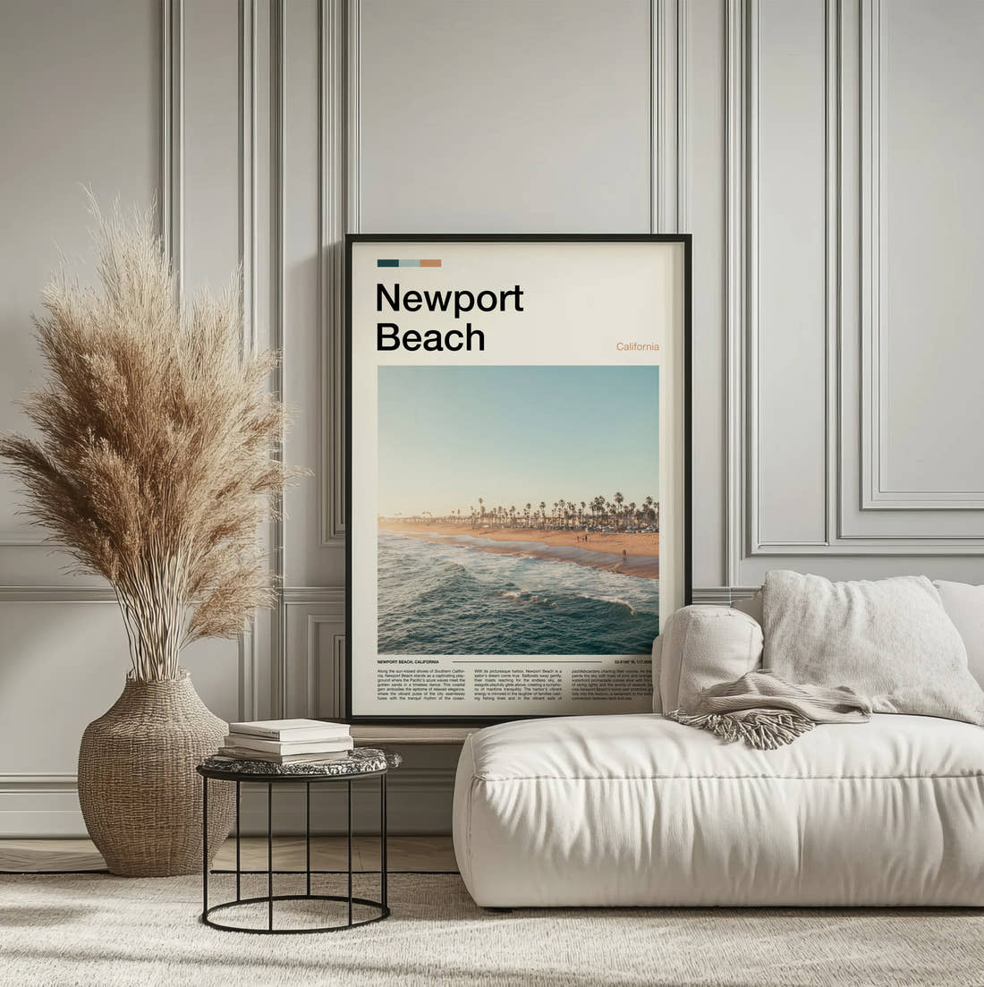 Newport Beach Palm Trees Along The Beach Travel Print framed on the wall of a calm, neutral bedroom