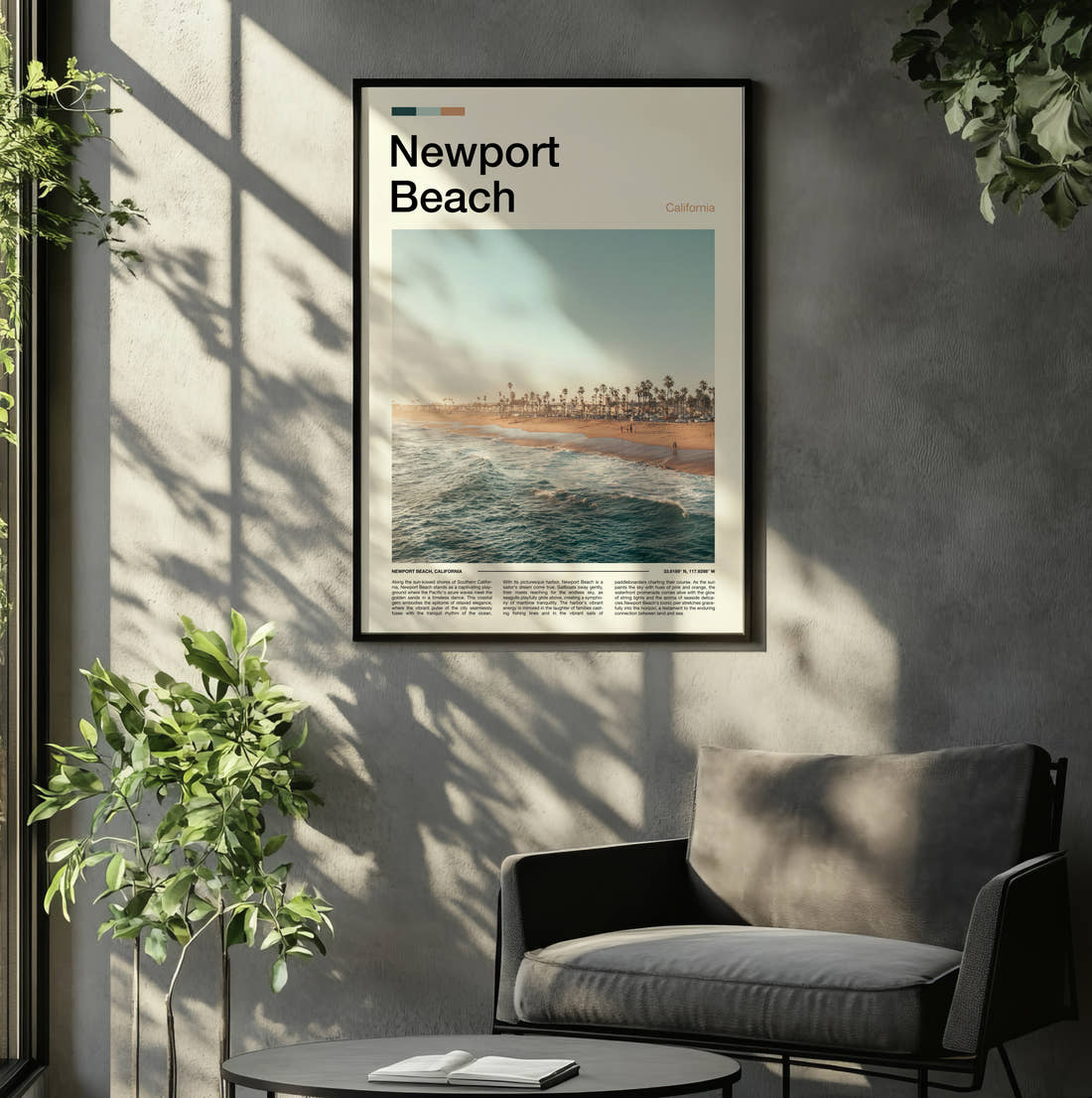 Newport Beach Palm Trees Along The Beach Travel Print framed on the wall of a relaxed living room