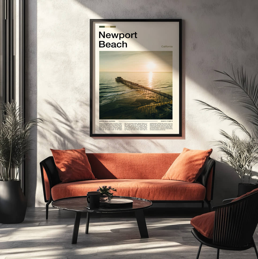 Newport Beach Pier At Sunset Travel Print framed on the wall of a modern living room