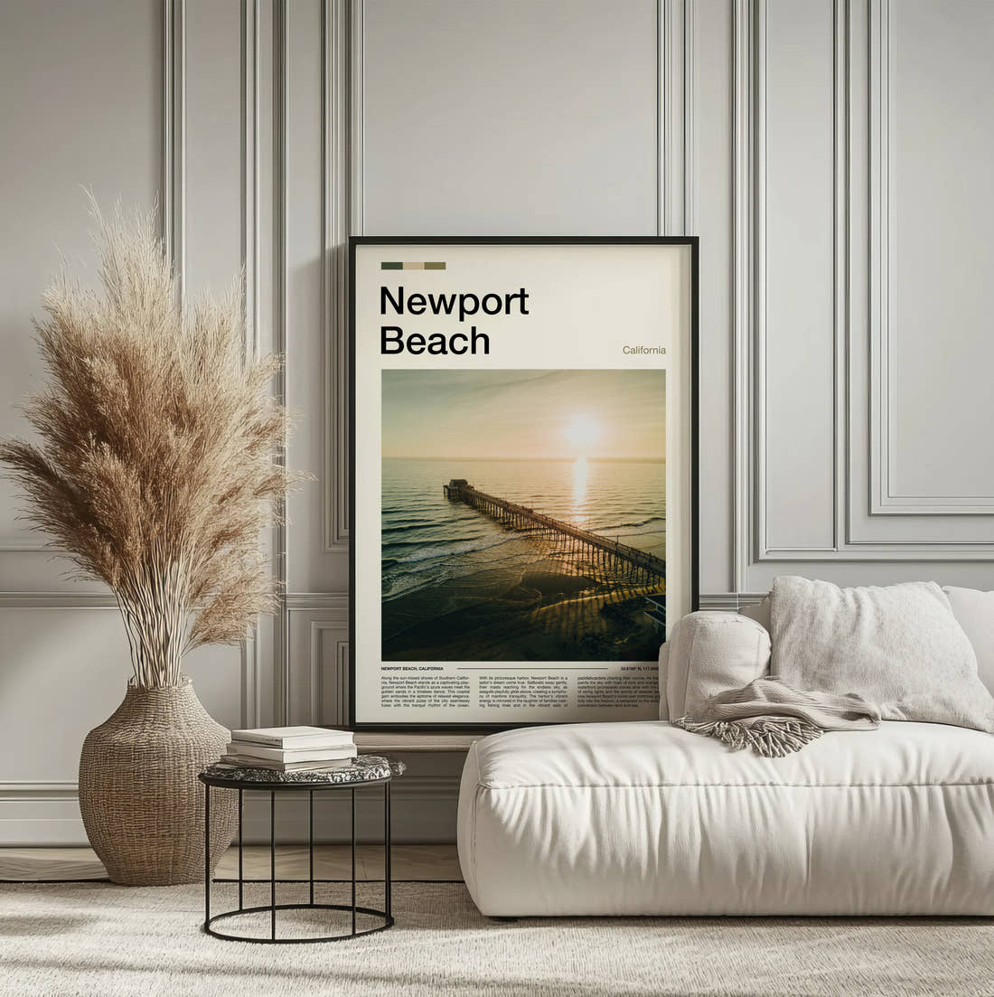 Newport Beach Pier At Sunset Travel Print framed on the wall of a calm, neutral bedroom