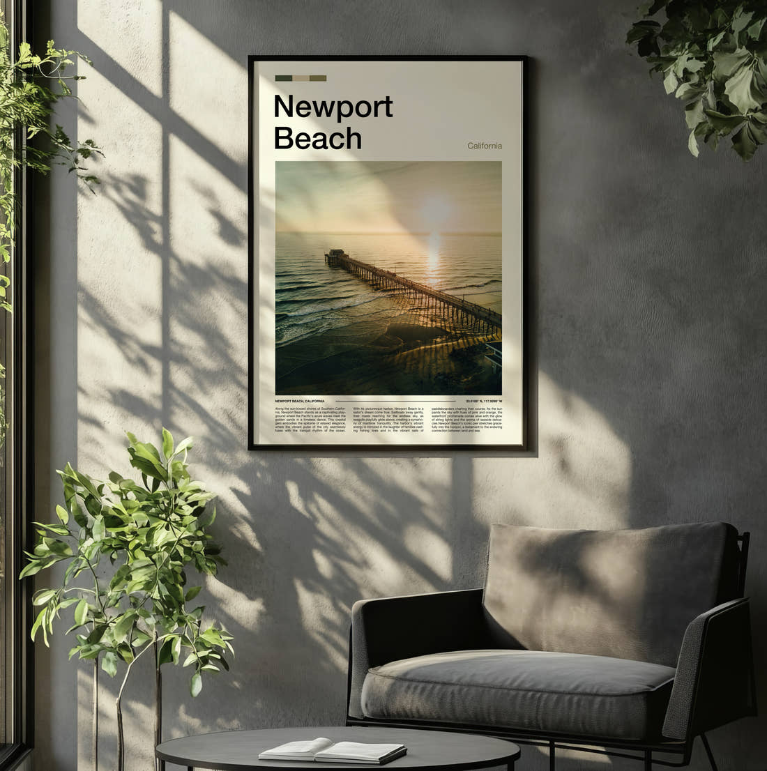 Newport Beach Pier At Sunset Travel Print framed on the wall of a relaxed living room