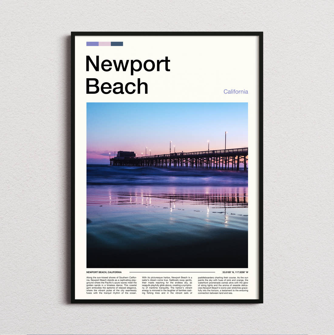 Newport Beach Pier Reflected At Dusk Travel Print framed and photographed straight on