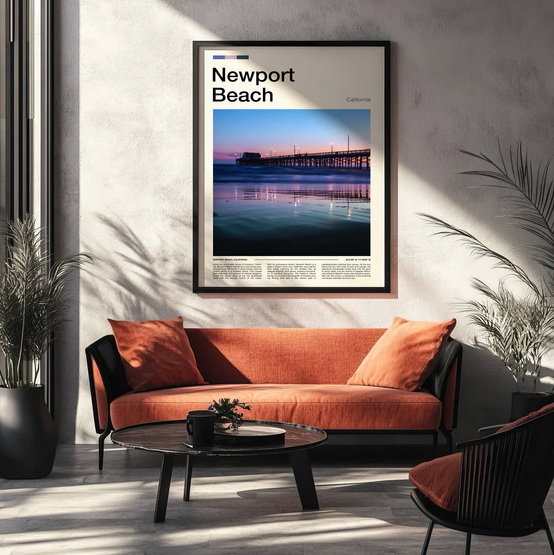 Newport Beach Pier Reflected At Dusk Travel Print framed on the wall of a modern living room