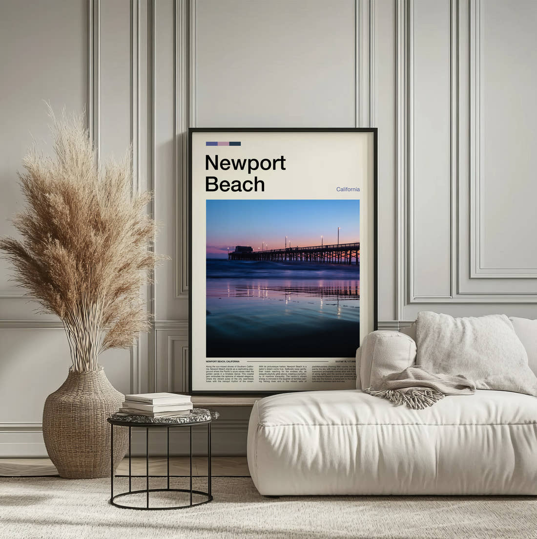 Newport Beach Pier Reflected At Dusk Travel Print framed on the wall of a calm, neutral bedroom