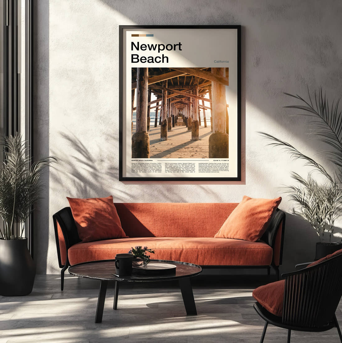 Newport Beach Under The Pier Travel Print framed on the wall of a modern living room