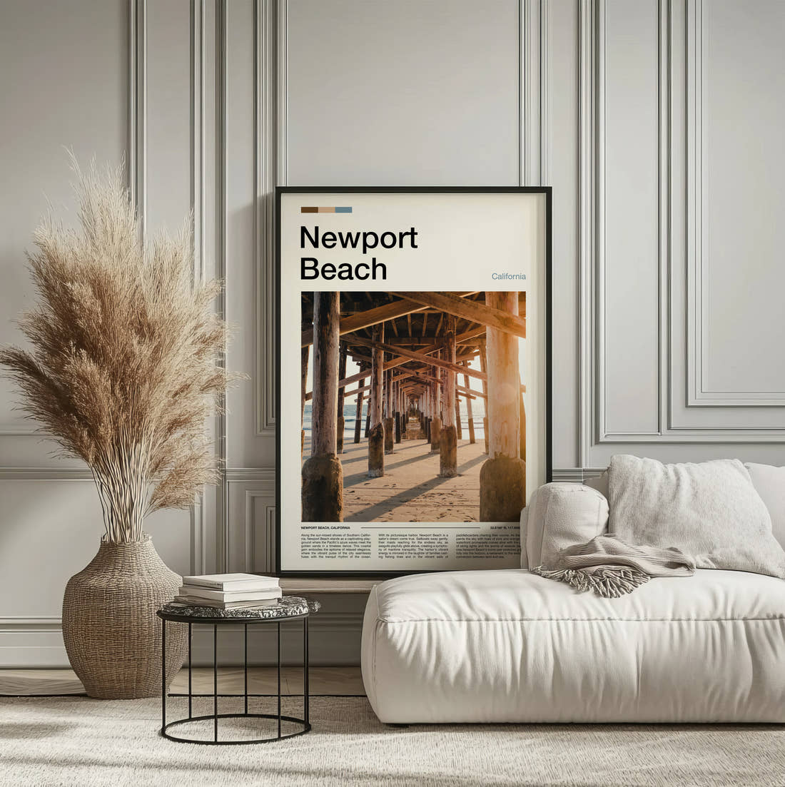 Newport Beach Under The Pier Travel Print framed on the wall of a calm, neutral bedroom