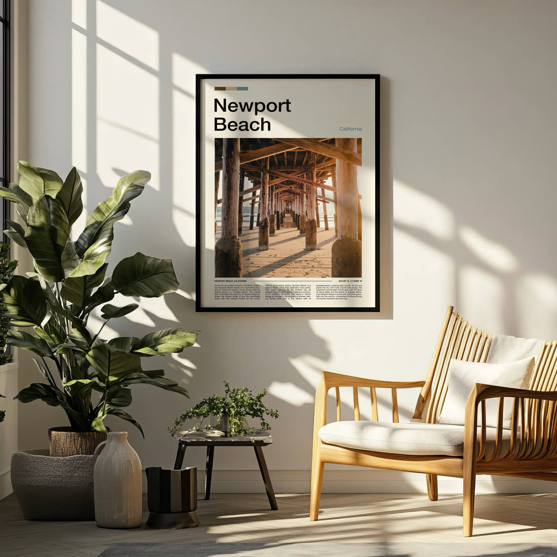 Newport Beach Under The Pier Travel Print framed on a pale wall beside houseplants