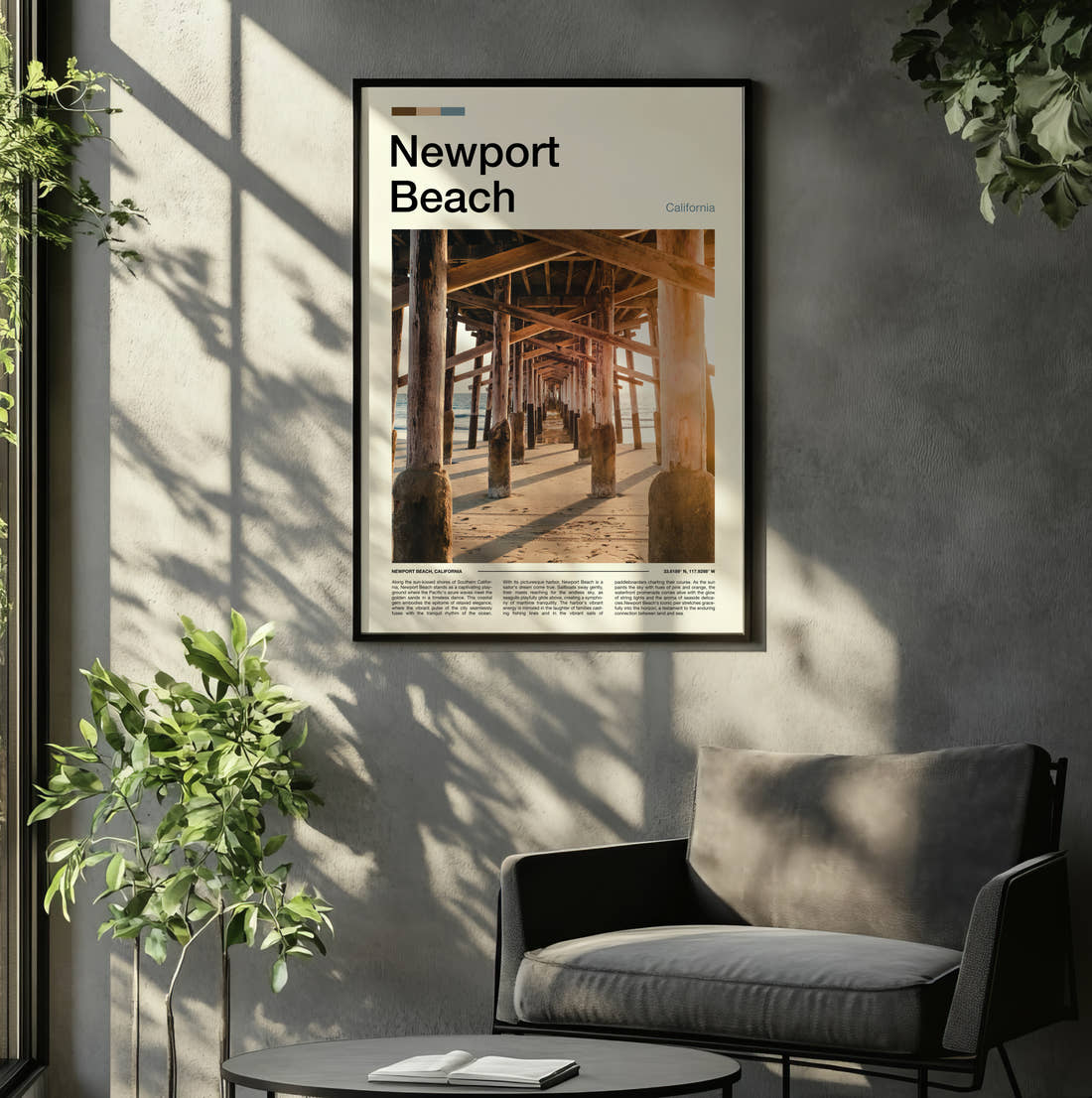 Newport Beach Under The Pier Travel Print framed on the wall of a relaxed living room