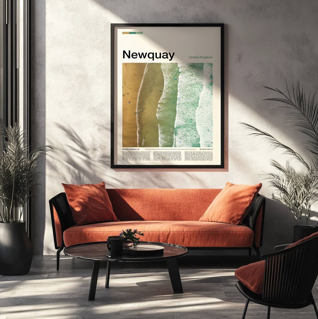 Newquay Aerial View Of The Beach Travel Print framed on the wall of a modern living room