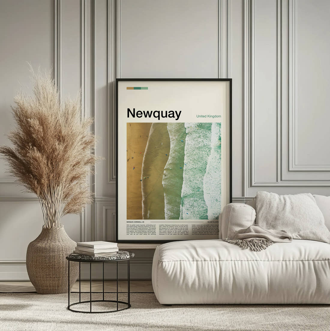 Newquay Aerial View Of The Beach Travel Print framed on the wall of a calm, neutral bedroom