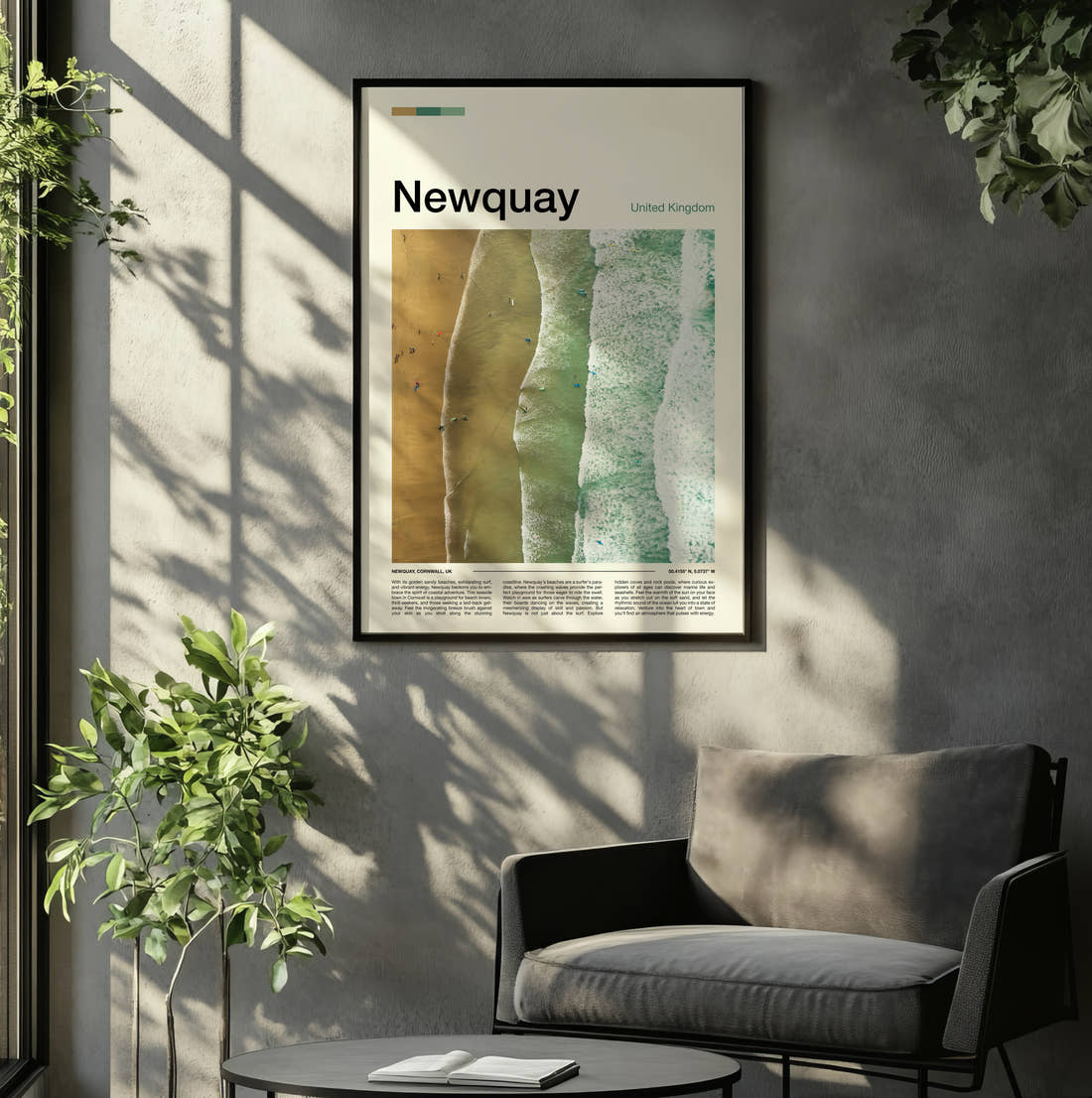 Newquay Aerial View Of The Beach Travel Print framed on the wall of a relaxed living room